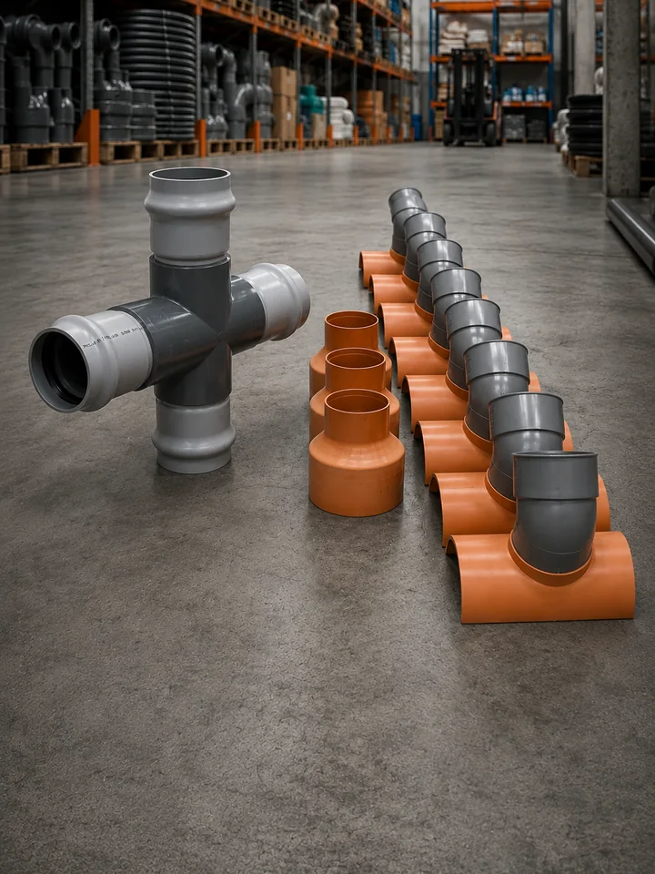 Accesorios especiales PVC gris y naranja en almacén industrial