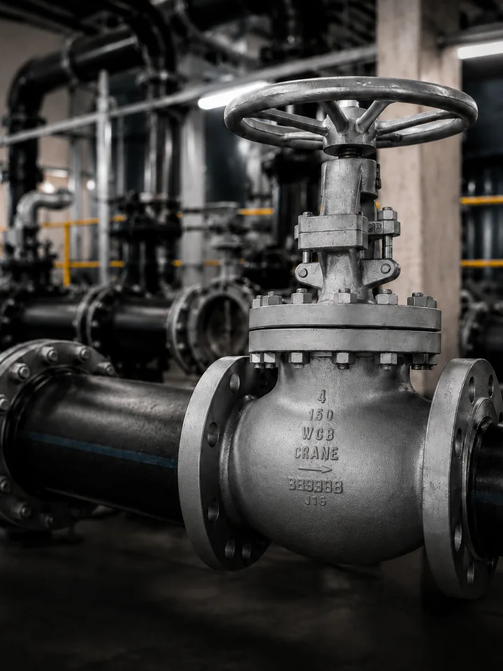 Válvula industrial de hierro con marcas grabadas en planta de conducción